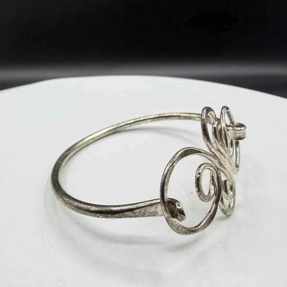 Silver Tone Scrollwork Bangle Bracelet Ornate Wirework Swirl Boho Statement Gift